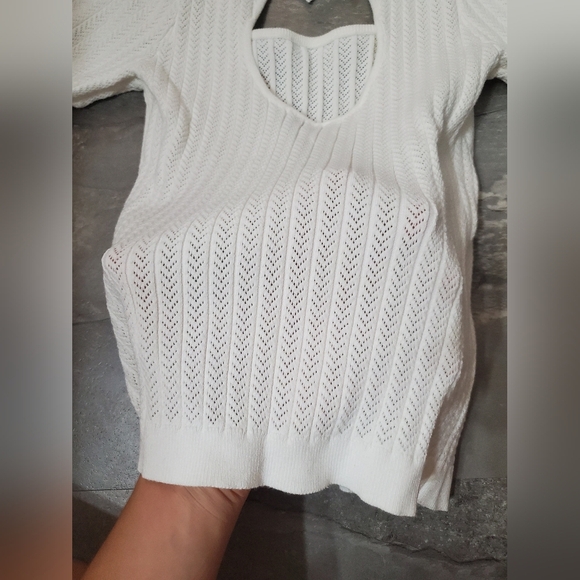 FRNCH Paris Elegant White Knit Short Sleeves Top. Partial Open Back. Bow. S. - Picture 11 of 11